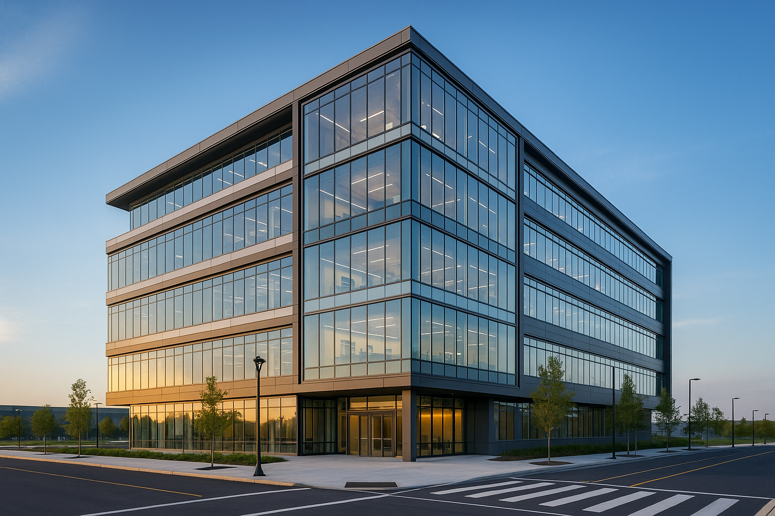 Modern office building with four stories of glass windows, crosswalk and small trees in front at sunset