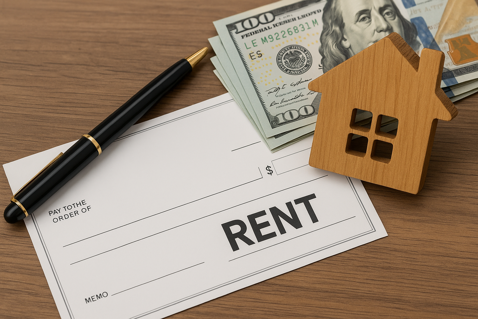 Check labeled 'RENT' with fountain pen, stack of hundred-dollar bills, and wooden house keychain on a wooden table