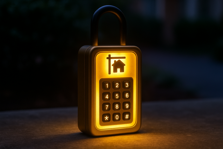 Glowing lockbox with house icon and keypad representing real estate security