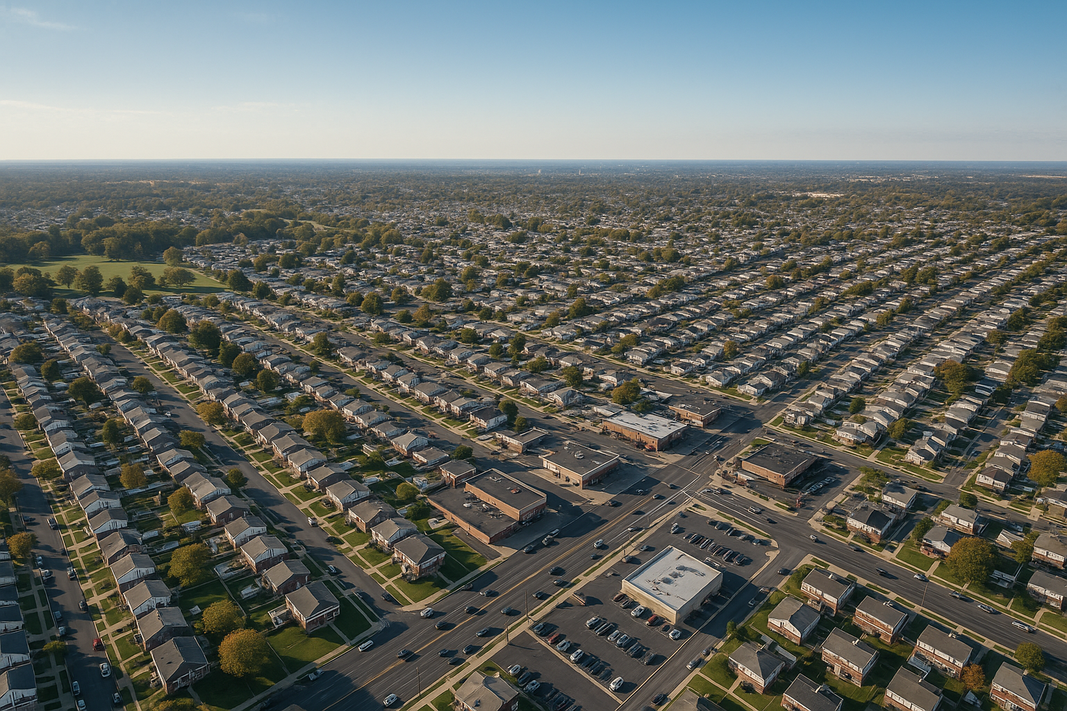Aerial view of a suburban neighborhood in Northeast Philadelphia with rows of houses and streets