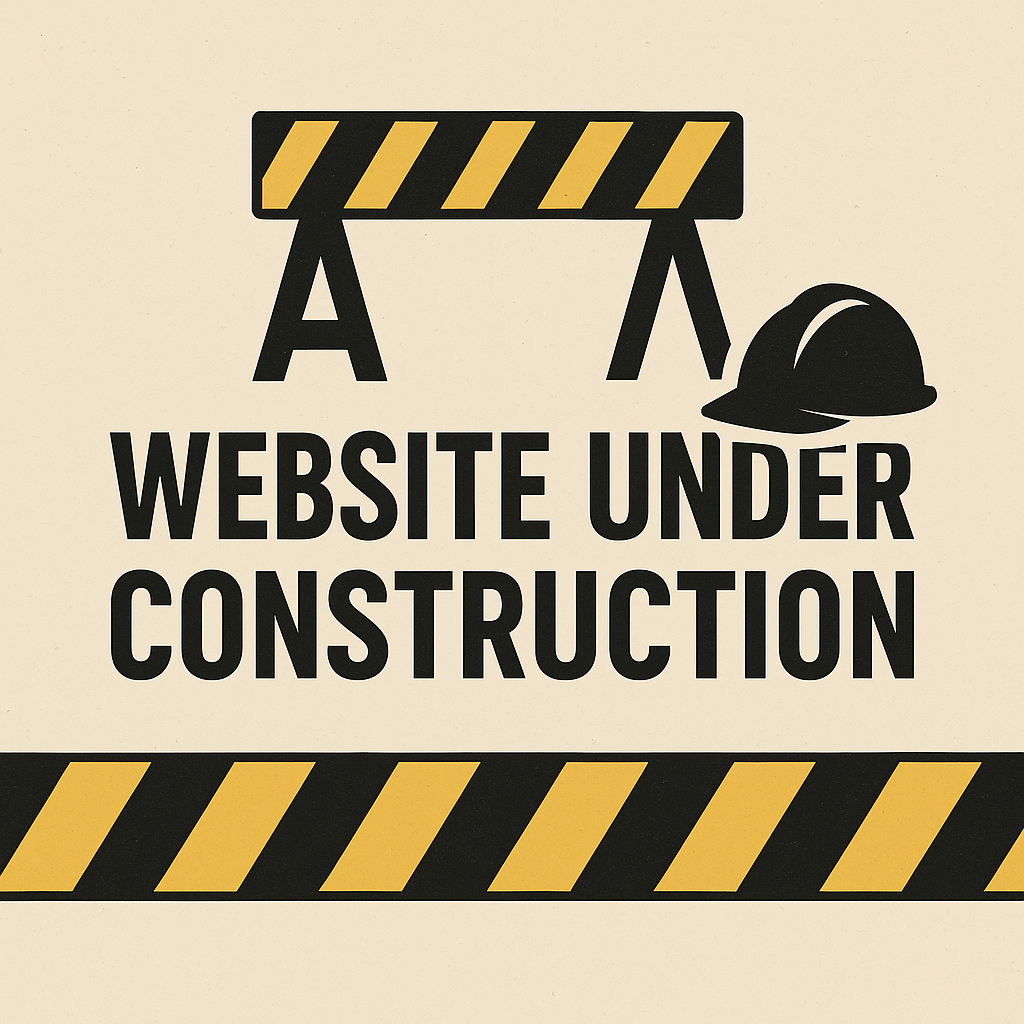 Website under construction sign with barricade, caution stripes, and hard hat icon